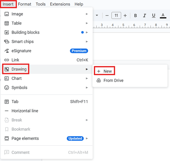 Insert menu in Google Docs showing Drawing > New to add a page border