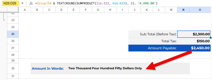 Invoice totals with currency and amount in words