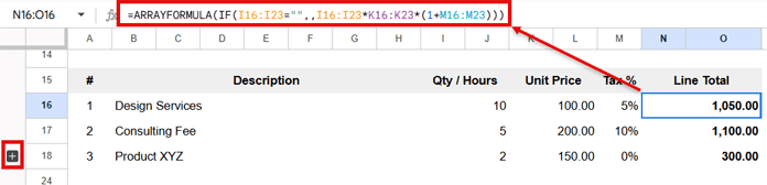 Invoice items entry in Google Sheets invoice template