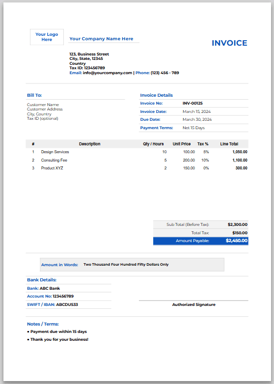 Google Sheets invoice template full preview