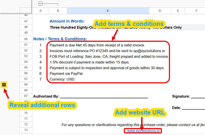 Purchase order terms and conditions section
