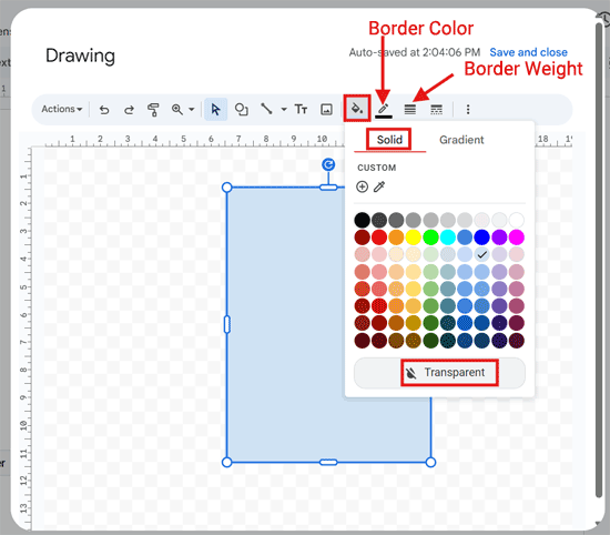 Google Docs drawing options showing transparent fill and border styling for page border