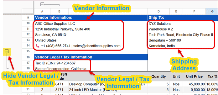 Vendor information and shipping address section