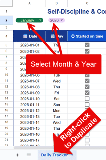 Month and year selection in self-discipline tracker in Google Sheets