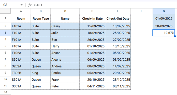 Monthly occupancy calculated from overlapping booking date ranges