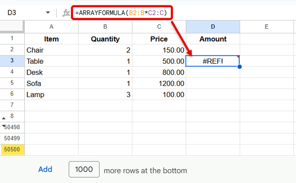 ArrayFormula mistake that slows down Google Sheets by causing a #REF! error and inserting extra blank rows