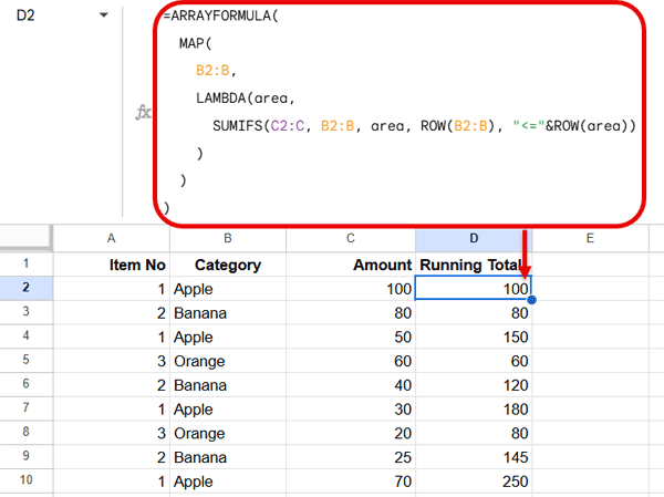 ArrayFormula using MAP and SUMIFS to calculate a running total by category efficiently