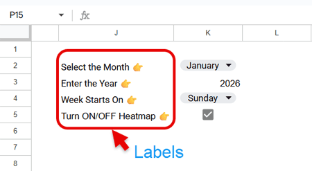 Calendar heatmap control panel in Google Sheets with labeled inputs for month, year, week start, and heatmap toggle.
