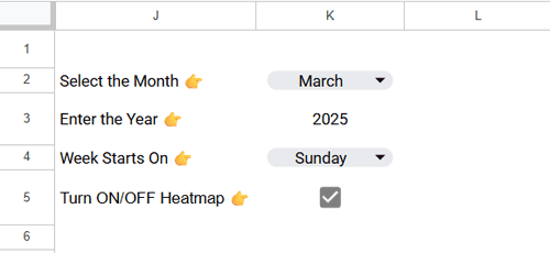 Control panel of the Google Sheets calendar heatmap template for selecting month, year, week start, and toggling heatmap