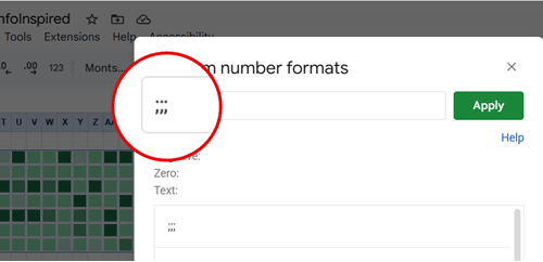 Google Sheets custom number format panel used to hide values inside heatmap cells