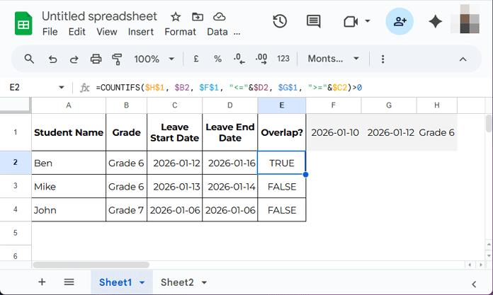 Google Sheets formula detecting overlapping date ranges in a school student absence record