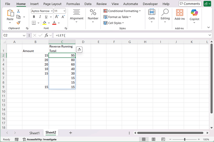Reverse running total calculation in Excel using SCAN function