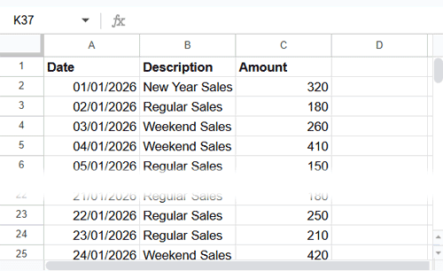 Data sheet used by the Google Sheets calendar heatmap template showing columns Date, Description, and Amount / Quantity