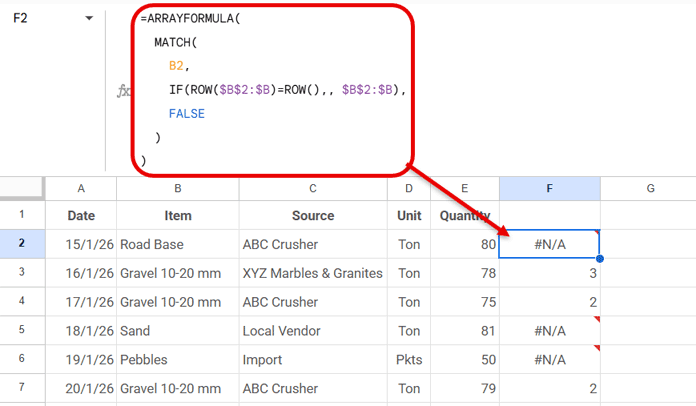 Google Sheets MATCH formula excluding the current row using ARRAYFORMULA to avoid self-matching