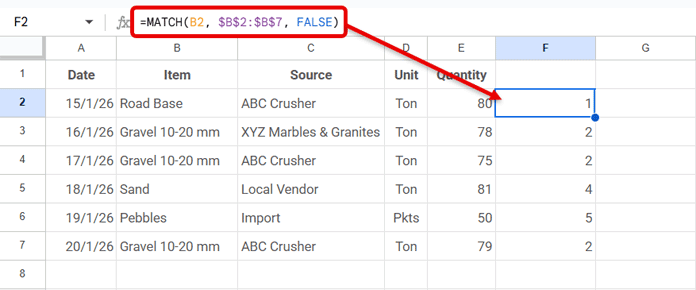 Google Sheets MATCH formula returning a self-match when the lookup value is part of the range