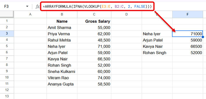ArrayFormula applying VLOOKUP across multiple rows with IFNA to handle missing matches