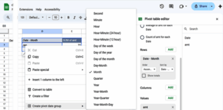 Google Sheets pivot table tutorial showing pivot editor and date grouping options