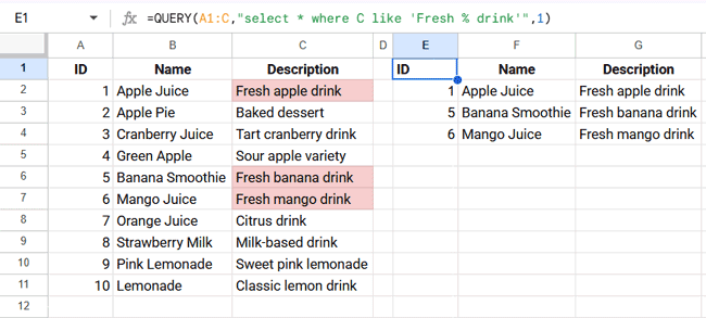 Pattern-based text matching with LIKE operator in Google Sheets QUERY