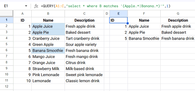 Regular expression string matching using MATCHES in Google Sheets QUERY