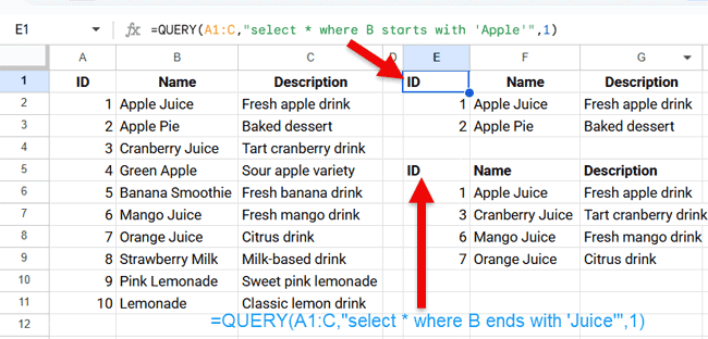 Prefix and suffix string matching using STARTS WITH and ENDS WITH in Google Sheets QUERY