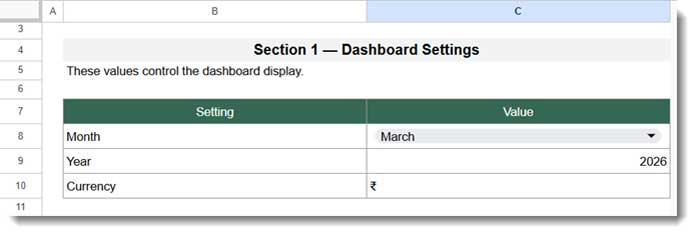 Dashboard settings for the monthly expense tracker in Google Sheets