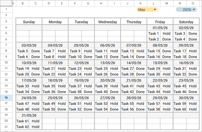 Calendar grid in Google Sheets with multiple columns per day such as task and status