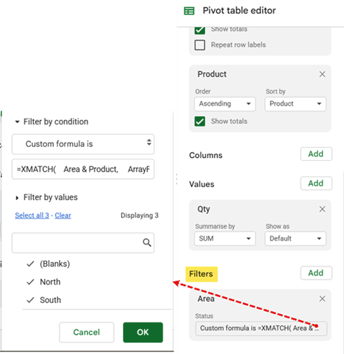 Google Sheets Pivot Table editor showing filter options for Pivot Table fields