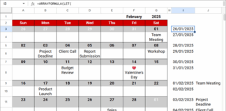 Unpivot calendar in Google Sheets with different rows per week showing original layout and row-wise result
