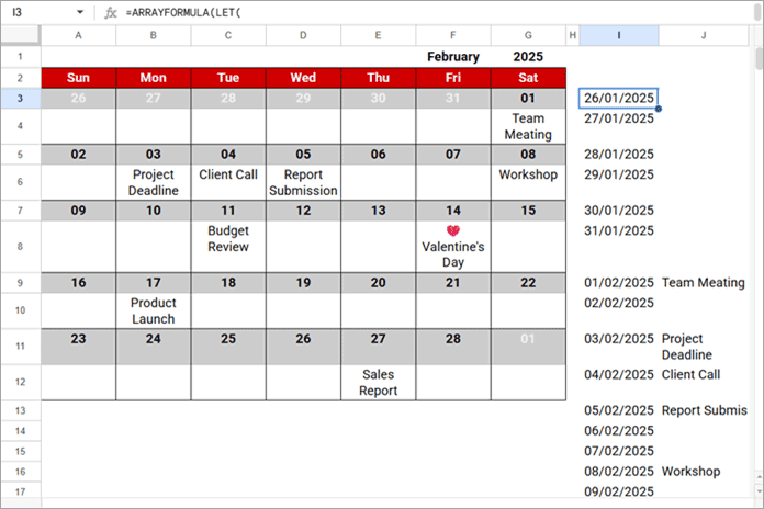 Unpivot calendar in Google Sheets with different rows per week showing original layout and row-wise result