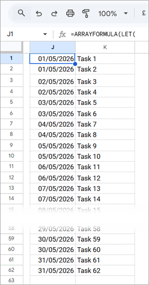 Unpivoted calendar in Google Sheets showing repeated dates for each entry in a row-wise table
