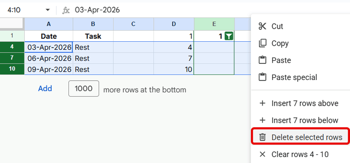 Selecting filtered rows in Google Sheets and using right-click menu to delete selected rows