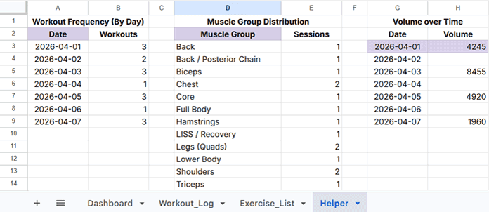 Helper sheet showing workout frequency, muscle distribution, and volume calculations