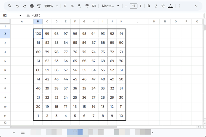 Reverse zigzag numbering in Google Sheets