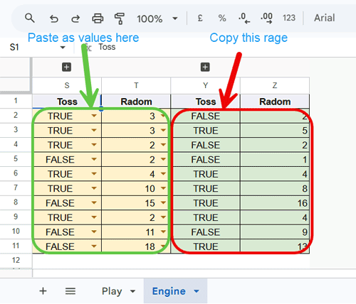 Google Sheets Sudoku template Engine sheet showing shuffle control columns Y and Z for copying, and columns S and T for pasting values to lock the Sudoku generation system