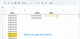 Current and longest streaks calculated from dates with gaps in Google Sheets