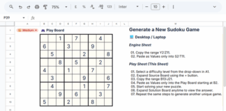 Google Sheets Sudoku template showing the Play Board starting from cell B2 with a partially filled 9x9 Sudoku puzzle for gameplay