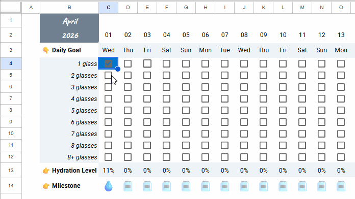 GIF showing checkboxes being ticked in the April tab of the Daily Water Intake Tracker in Google Sheets