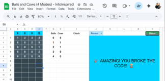 Bulls and Cows Google Sheets game interface