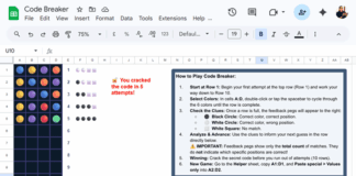 Code breaker game in Google Sheets showing player guesses and clue pegs
