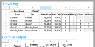 Google Sheets fuel cost split formula showing shared trip data and fuel cost allocation per passenger