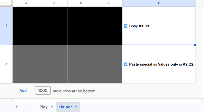 Hidden code generator setup for the code breaker game in Google Sheets