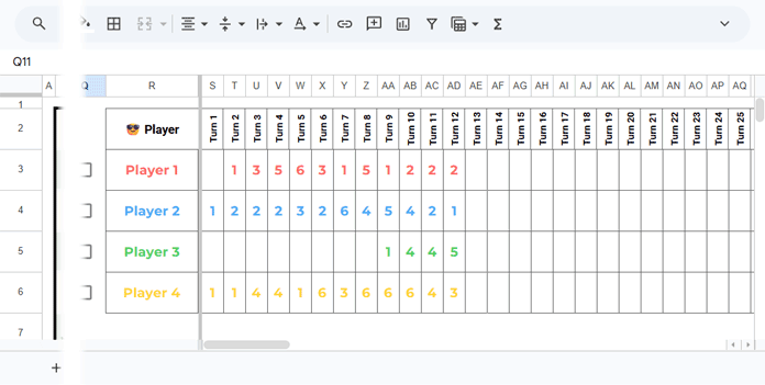 Players entering dice scores turn by turn in the Snake and Ladder Google Sheets game