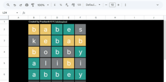 Google Sheets word game puzzle board with color clues