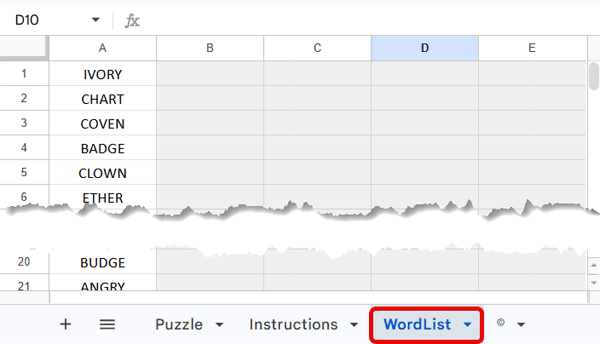 WordList sheet used in the Google Sheets word game