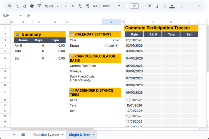 Carpool cost splitter in Google Sheets