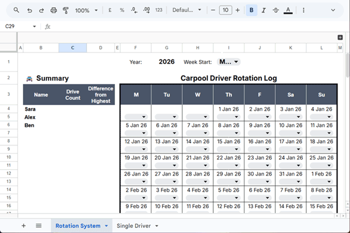Carpool rotation tracker in Google Sheets