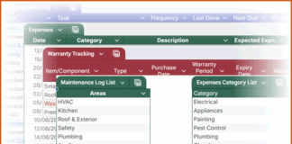 Home Maintenance Tracker Template Google Sheets collage showing the Maintenance Log, Expenses Summary, and Warranty Tracking sheets