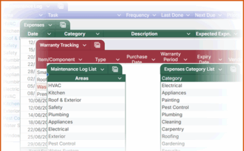 Home Maintenance Tracker Template Google Sheets collage showing the Maintenance Log, Expenses Summary, and Warranty Tracking sheets