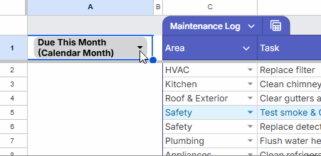 Animated GIF demonstrating the Maintenance Highlight Options dropdown, which highlights overdue tasks, due today, due this month, or upcoming maintenance tasks