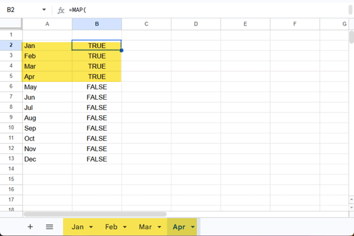 Google Sheets SHEET function verifying a list of worksheet names